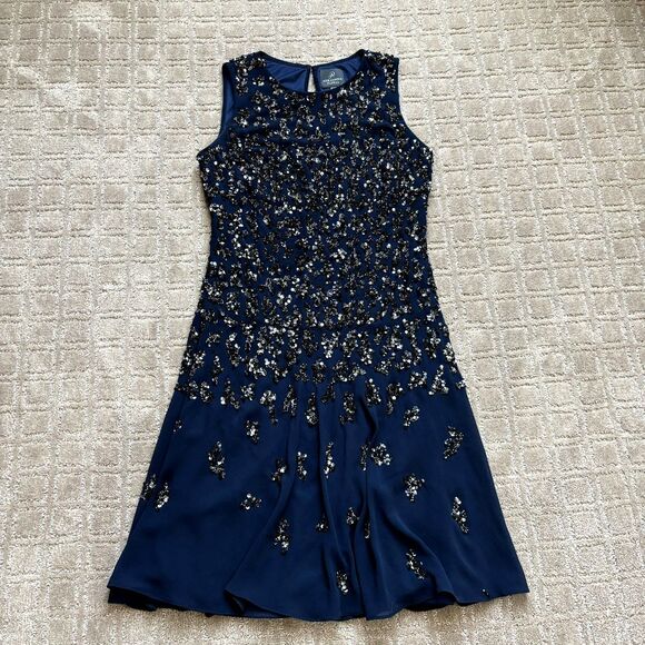 ADRIANNA PAPELL Sequin Beaded Dress 4 Navy Blue Sleeveless Cocktail Embellished - Picture 1 of 11